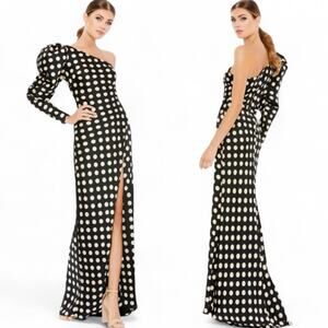 Mac Duggal 26515 Polka Dot One Shoulder Gown Slit Puff Sleeve Retro Glam 0 NWT